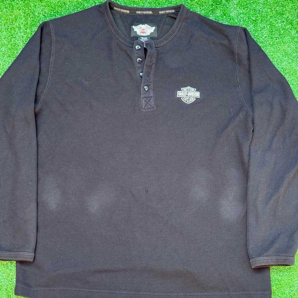 Motor Harley Davidson Men's Black Henley Long Sleeve Shirt Vintage